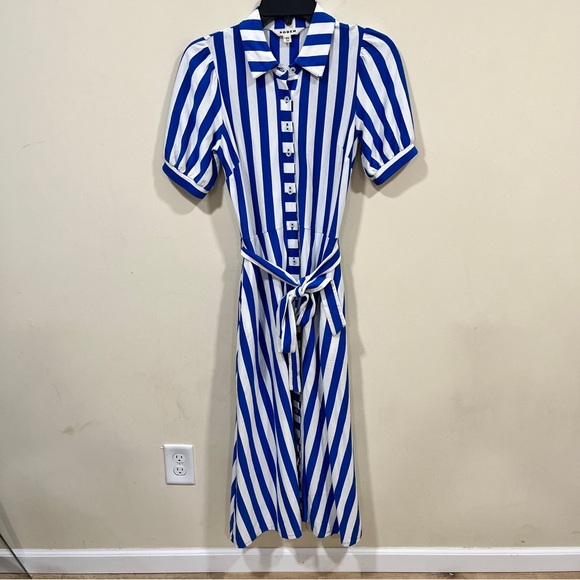 Boden Libby Jersey Midi Shirt Dress size 0 petite blue & white striped button - Picture 3 of 10
